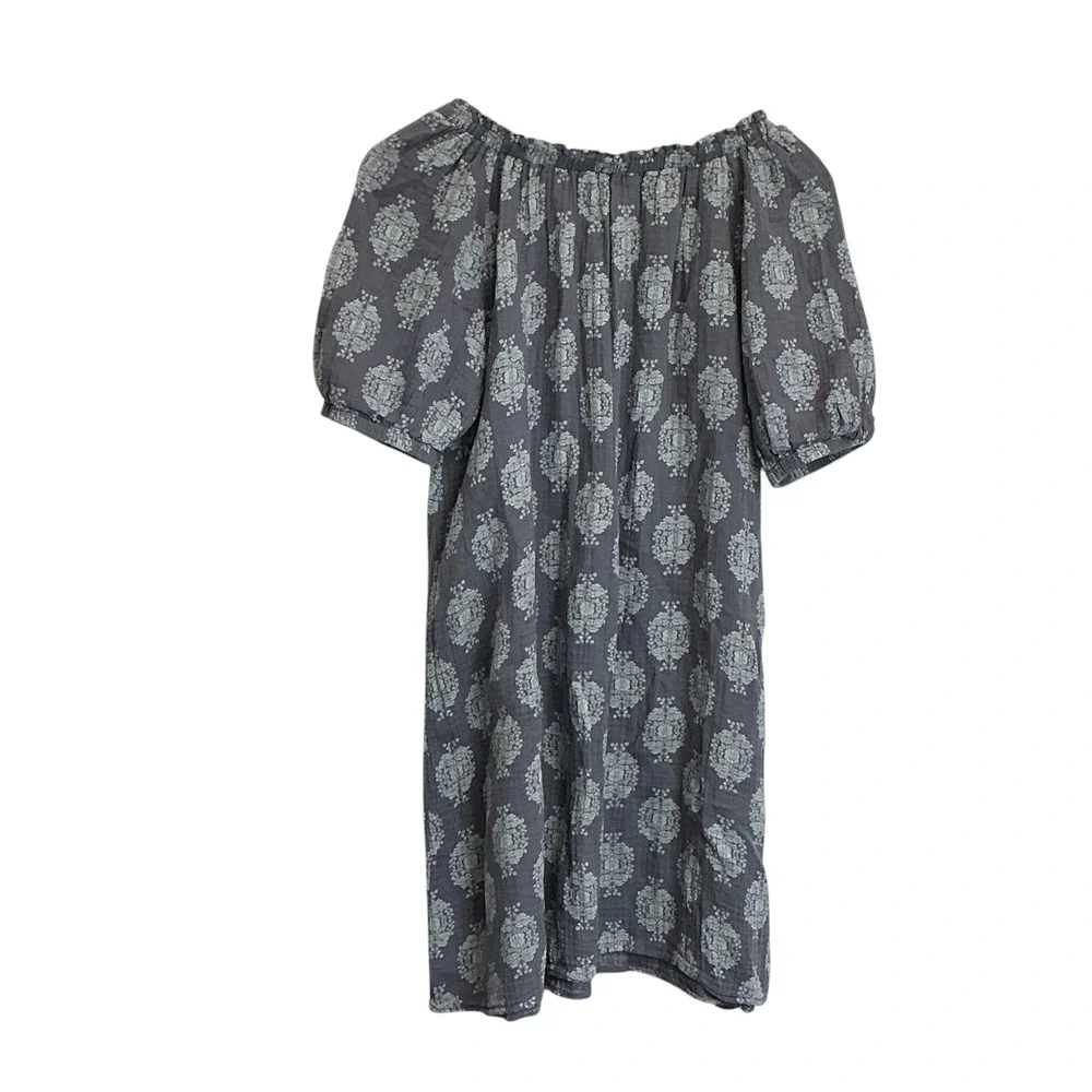 Wonderly Womens Blue‎ Medallion Cotton Gauze Peasant Mini Dress  M Puff Sleeve